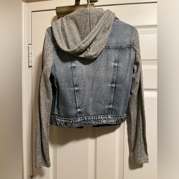 Denim Jacket with Grey Sleeves and Hood - Picture 2 of 2